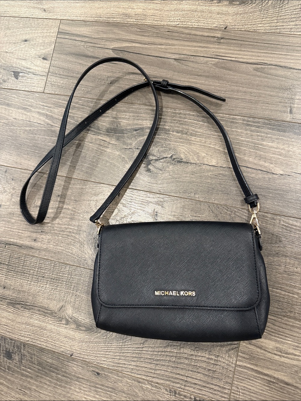 Michael Kors Black Saffiano Crossbody with Gold Logo